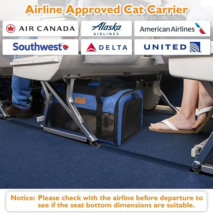 PETUX Pet Carrier Airline Approved, 17"x11"x9.5" Portable Cat Carrier Soft with Anti-Scratch Mesh for Small Cats up to 12 lb, Top Open Breathable Dog Carriers for Puppy up to 10 lb (Blue)
