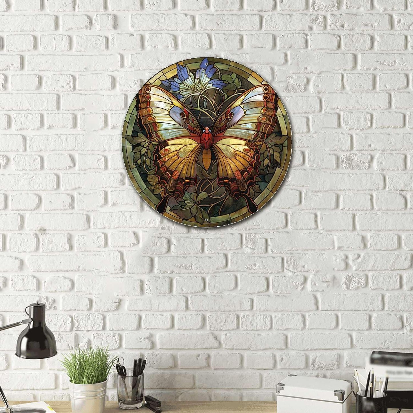 Lygond Metal Sign Tin Sign Circular Stained Glass Butterfly Tin Sign Gift for Garage 12×12 Inches