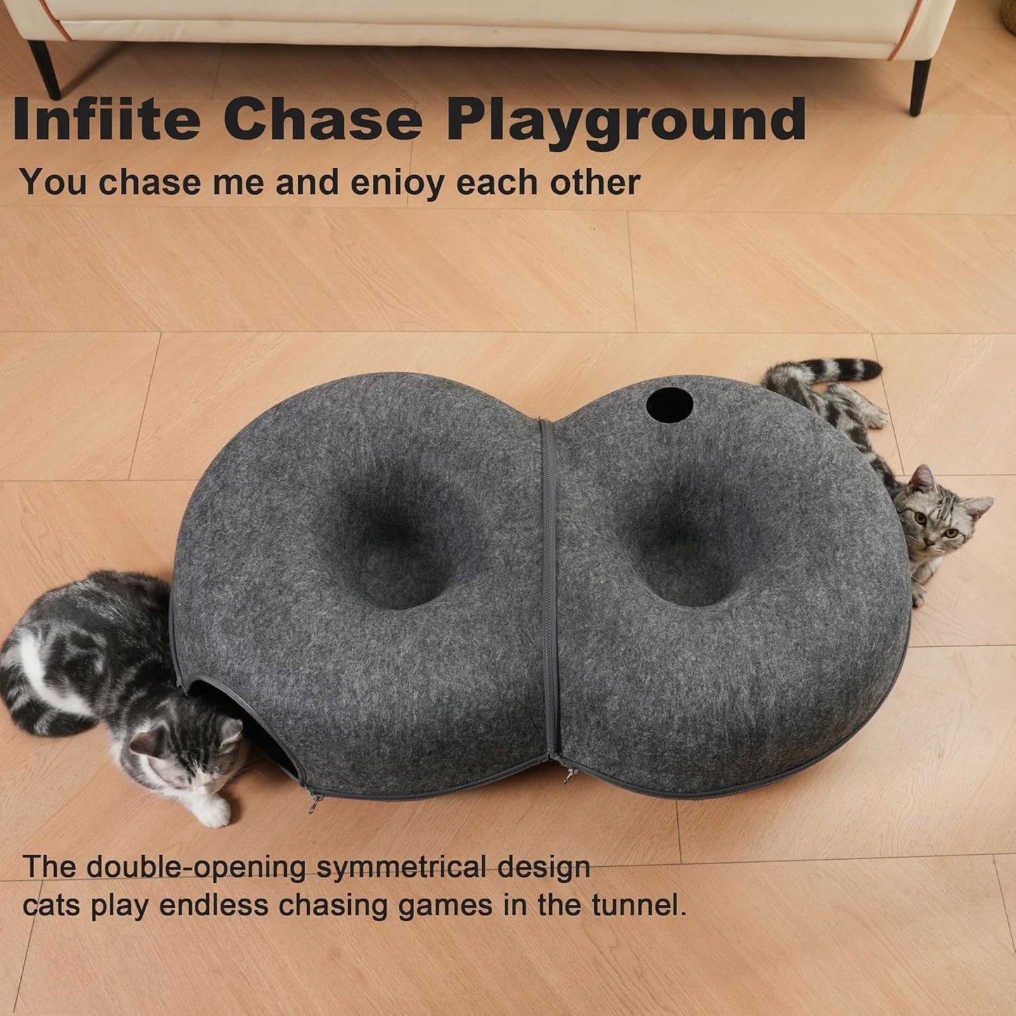 8-Shaped Large Cat Tunnel Bed for Indoor Cats, Infinite Circulation Peekaboo Cat Cave with 12 Toy Balls, Cat Donut Tunnel for Cats up to 30 Pounds (Dark Grey, L 38x24x11in)