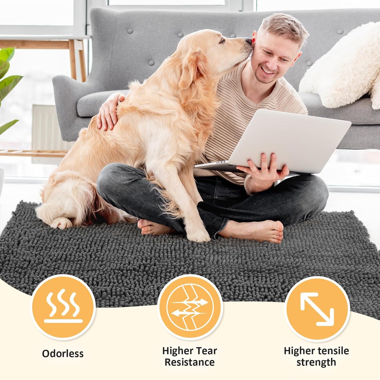 Absorbent Dog Door Mat for Muddy Paws, 72" x 48" Chenille Indoor Mats for Entryway, Trap Dirt Front Door Mat Indoor Entrance Washable Non Slip Soft
