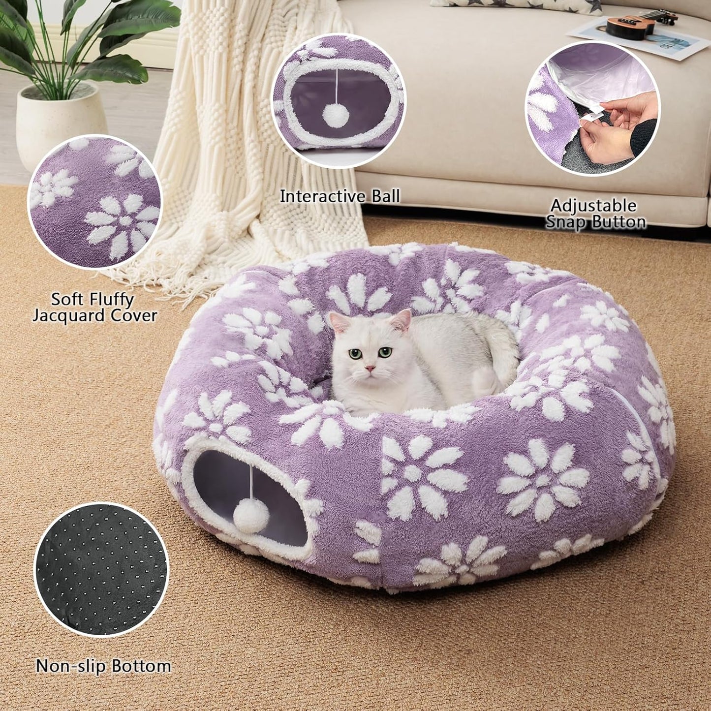 Cat Tunnel for Indoor Cats, Cute Peekaboo Cat Cave with Dangling Balls, Pet Donut Tunnel Bed with Circle Mat for Puppy Kitten Rabbit, Purple