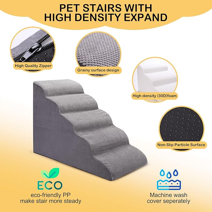 Dog Stairs for Bed and Couch, Non-Slip 5-Step Pet Stairs, 24" High Sofa Foam Dog Ramp - Best for Small Pets, Dogs and Cats with Joint Pain