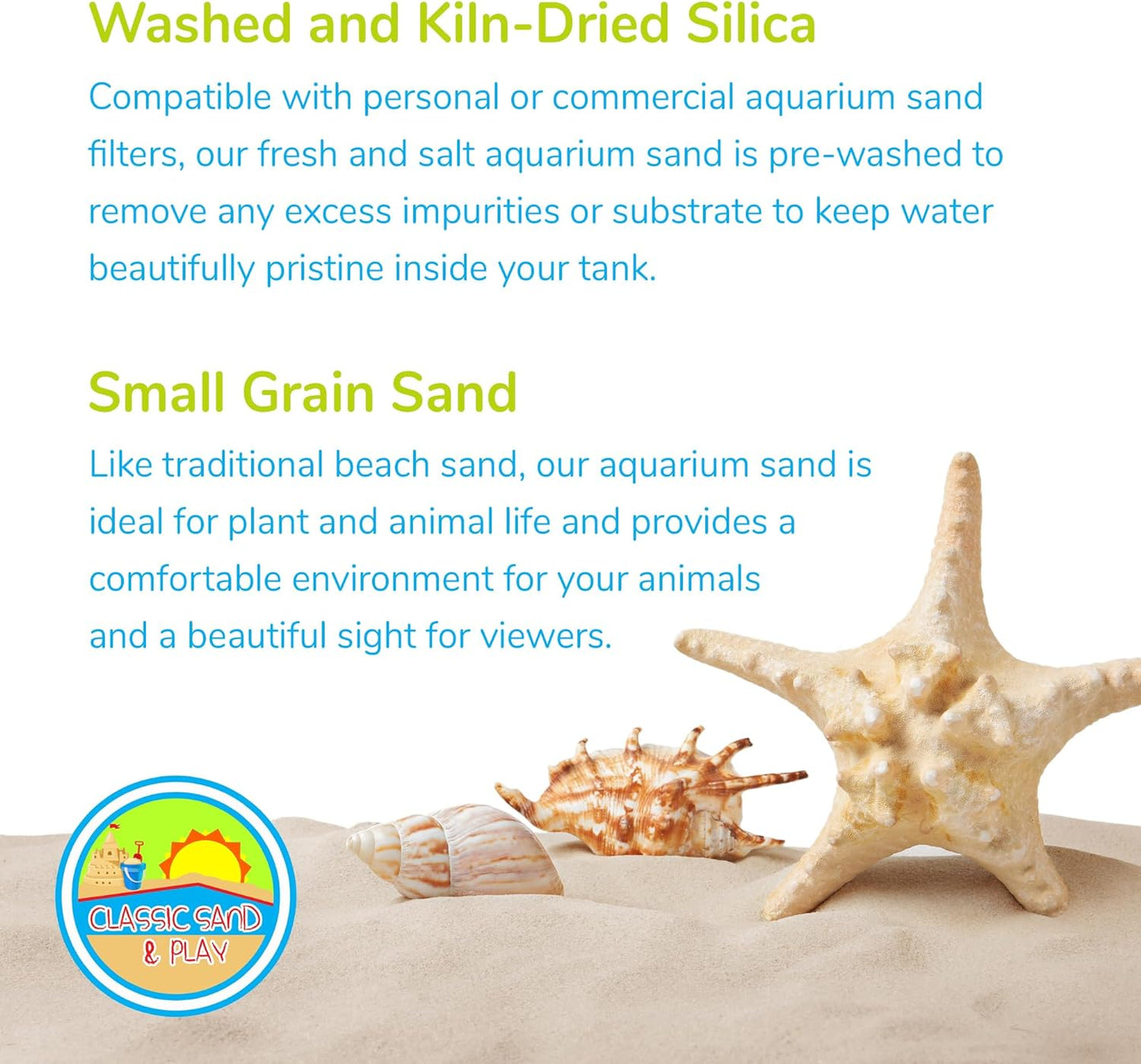 CLASSIC SAND & PLAY Natural Aquarium Sand for Freshwater and Saltwater Tanks, 20 lb. Bag, Improves Filter Life and Filtration Process, Pre-Washed Fine Sand, Green
