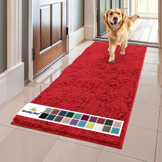 Muddy Mat® Shown on TV – Super Absorbent Microfiber Dog Door Mat for Muddy Paws, Non-Slip Washable Pet Rug, Quick Dry Chenille Entryway Carpet, Machine Washable Indoor Outdoor mat, Red 59"x24"