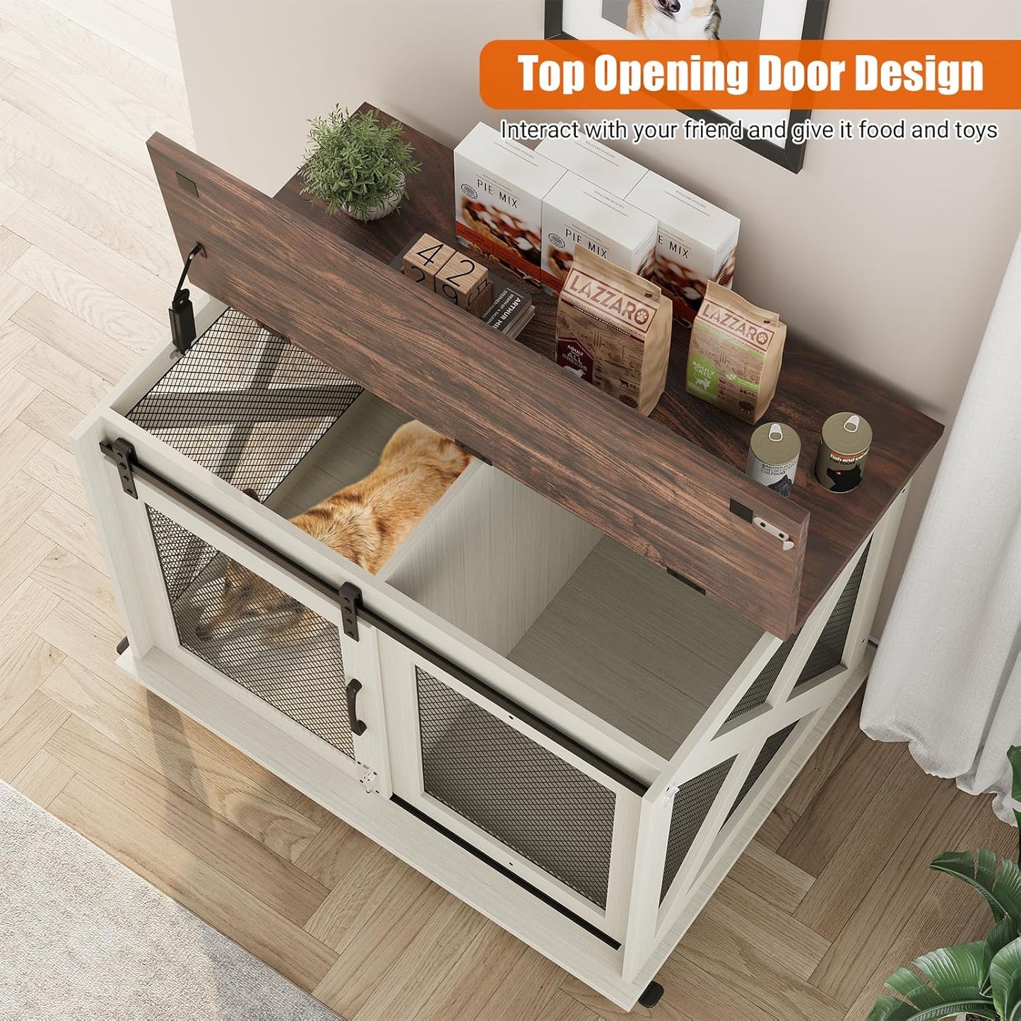 Dog Crate Furniture,37 Inch Indoor Dog Cage with Sliding Barn Door, Flip Top Dog Kennel End Table with Removable Divider, Farmhouse Wooden Pet House for Small to Middle Size Dogs