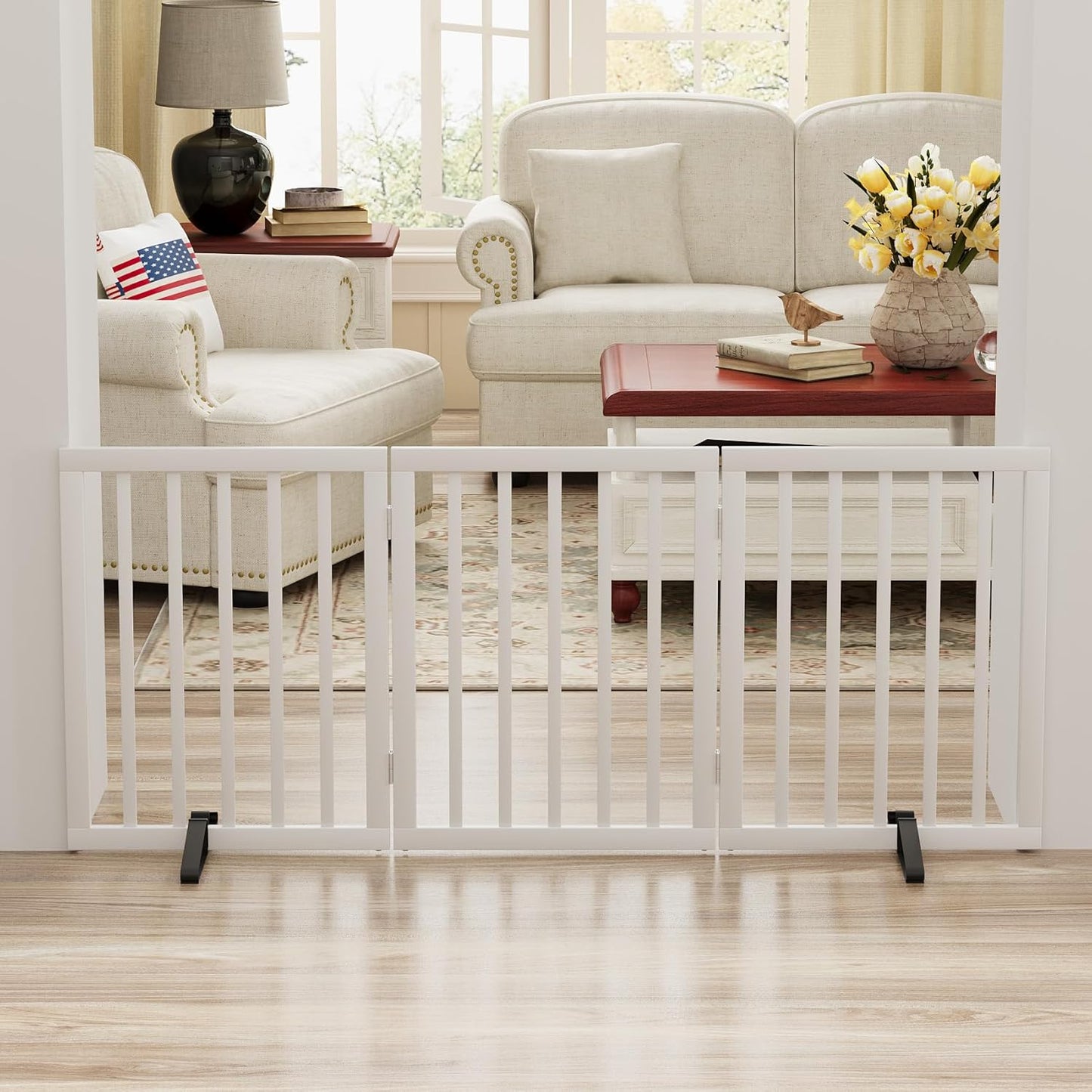 White 18-55" Wide Pet Gate, Bamboo Dog Gate for Stair, Foldable Dog Gates for Doorways House, Freestanding Pet Gates 24inches Tall, Doogie Puppy Gate Fences Indoor