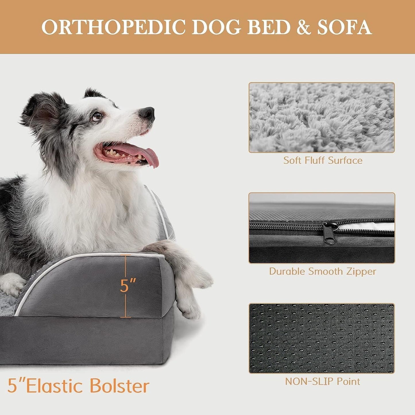 Comfort Expression Waterproof Orthopedic Foam Dog Beds for Extra Large Dogs Durable Dog Sofa The Pet Bed Washable Removable Cover with Zipper and Non-Slip Bottom Bolster