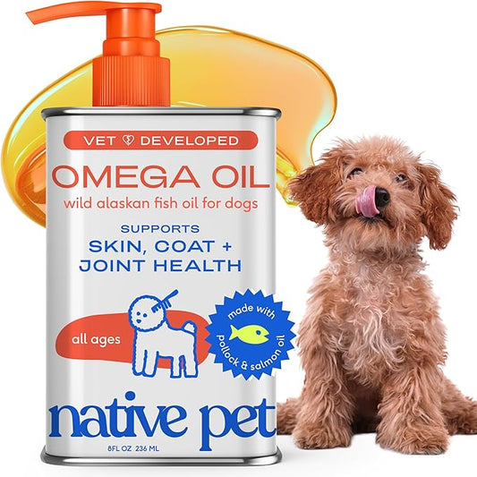 Native Pet Omega 3 Fish Oil for Dogs & Cats - Promotes Healthy Skin, Shiny Coat, & Strong Joints - Made with Wild Alaskan Salmon Oil for Dogs – Tasty, Fast-Absorbing Omega 3 6 9 Liquid Supplement- 8oz