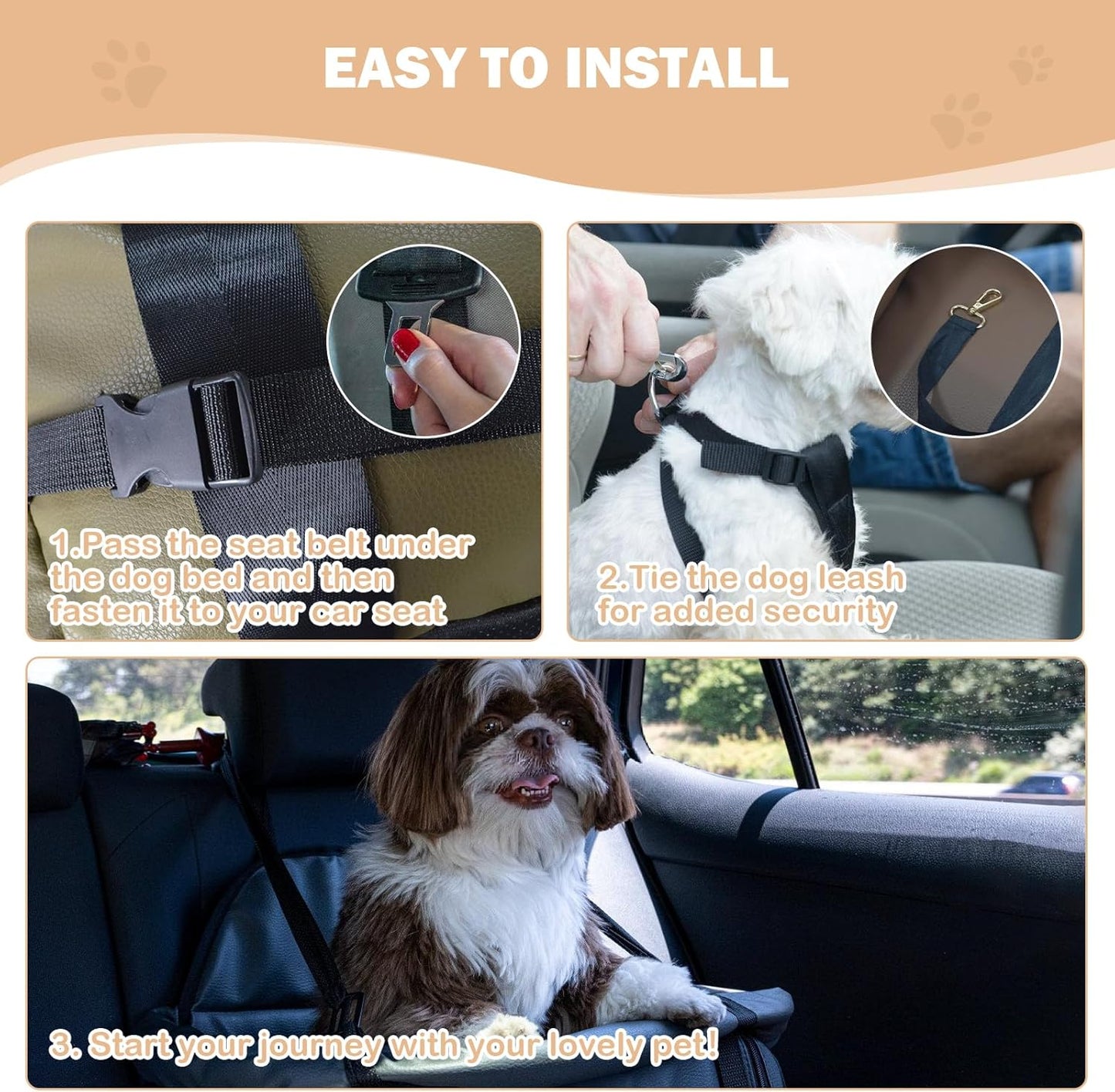 Dog Car Seat for Small Dogs, Large Leather Dog Car Bed with Storage Pocket, Waterproof PVC Leather Booster Seat Travel Bed for Front & Back Seat, Clip-On Safety Leash (Green/Brown)