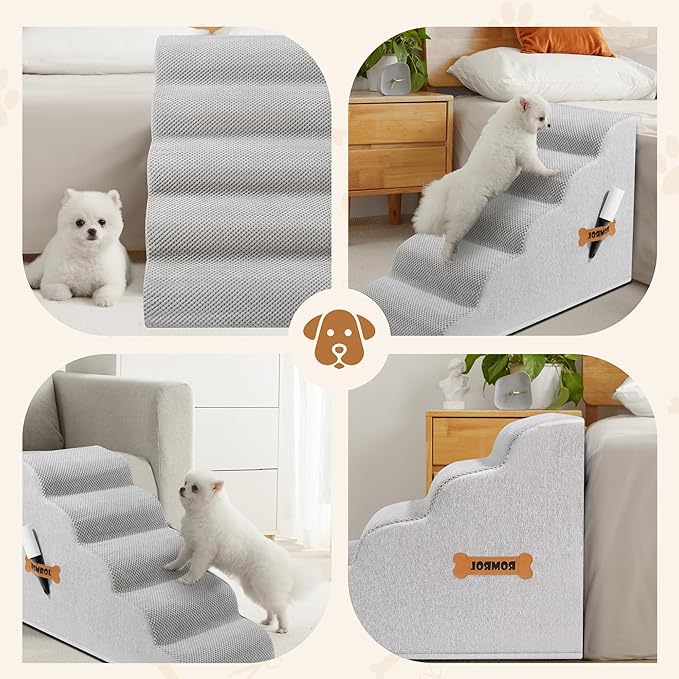 Dog Stairs, Romrol Dog Steps Ramp for High Bed and Couch, Dogs Ramp with Durable Non-Slip Waterproof Fabric Cover, Pet Stairs for Small Dogs and Cats or Pets Joints, 4-TiersLight Grey