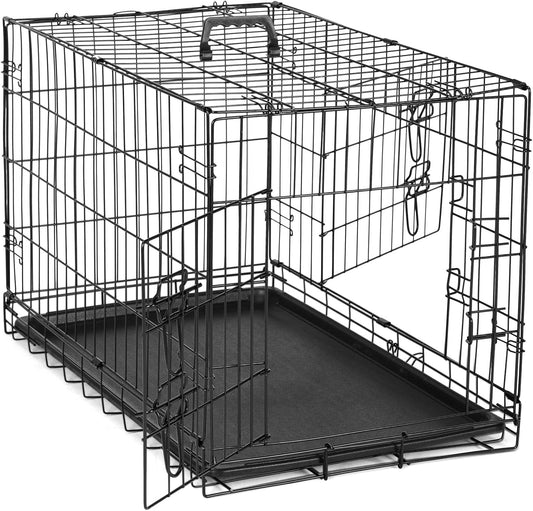 DUMOS Dog Crate, 36 Inch Medium Double Door Dog Cage with Divider Panel and Plastic Leak-Proof Pan Tray, Folding Metal Wire Pet Kennel for Indoor, Outdoor, Travel, Black