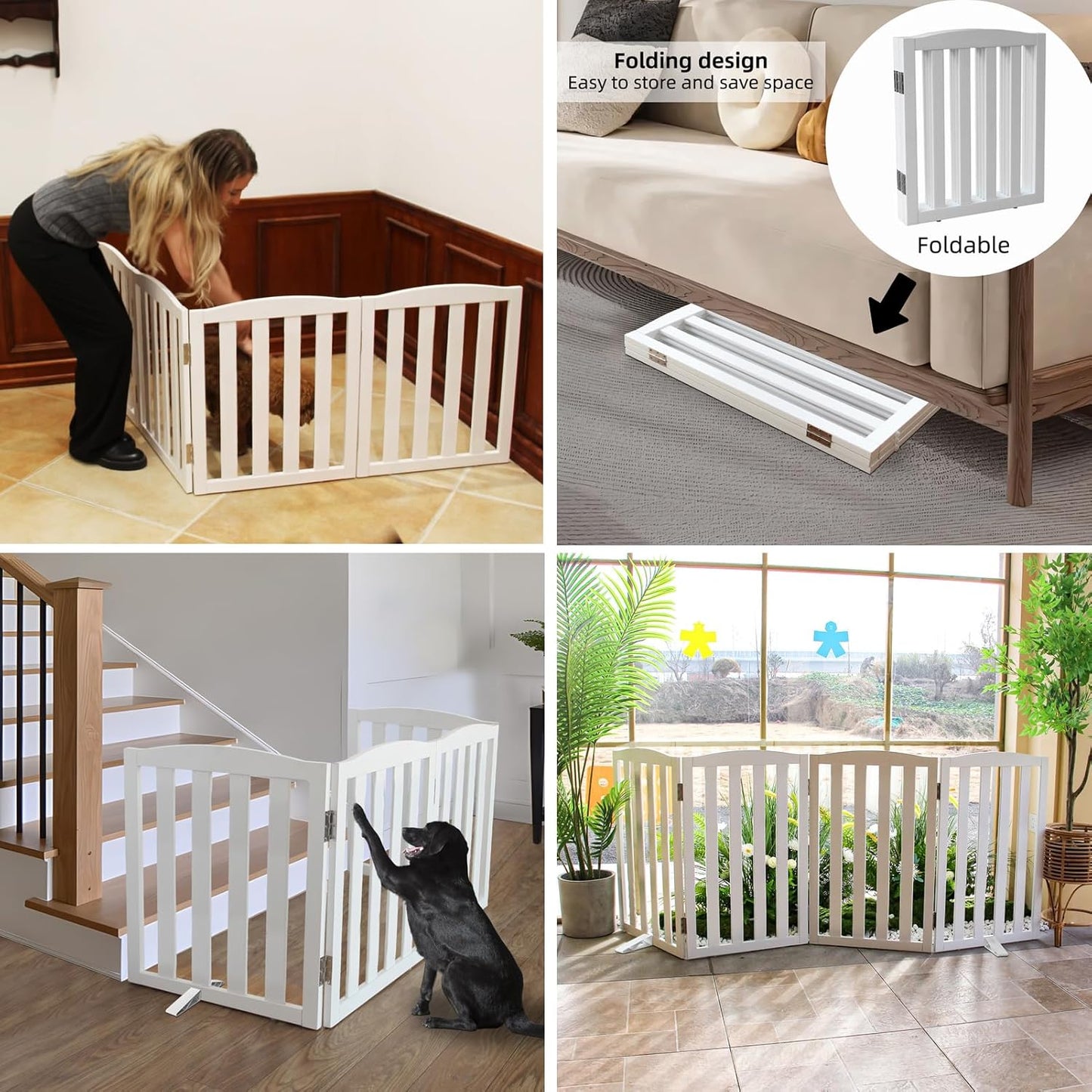 ZJSF Foldable Freestanding Indoor Dog Gate for House Wood White Long Pet Gates Dog Fence for Stairs Puppy Gates for Hallways, Puppy Gate,Support Feet Included 32 "Height-4 Panels