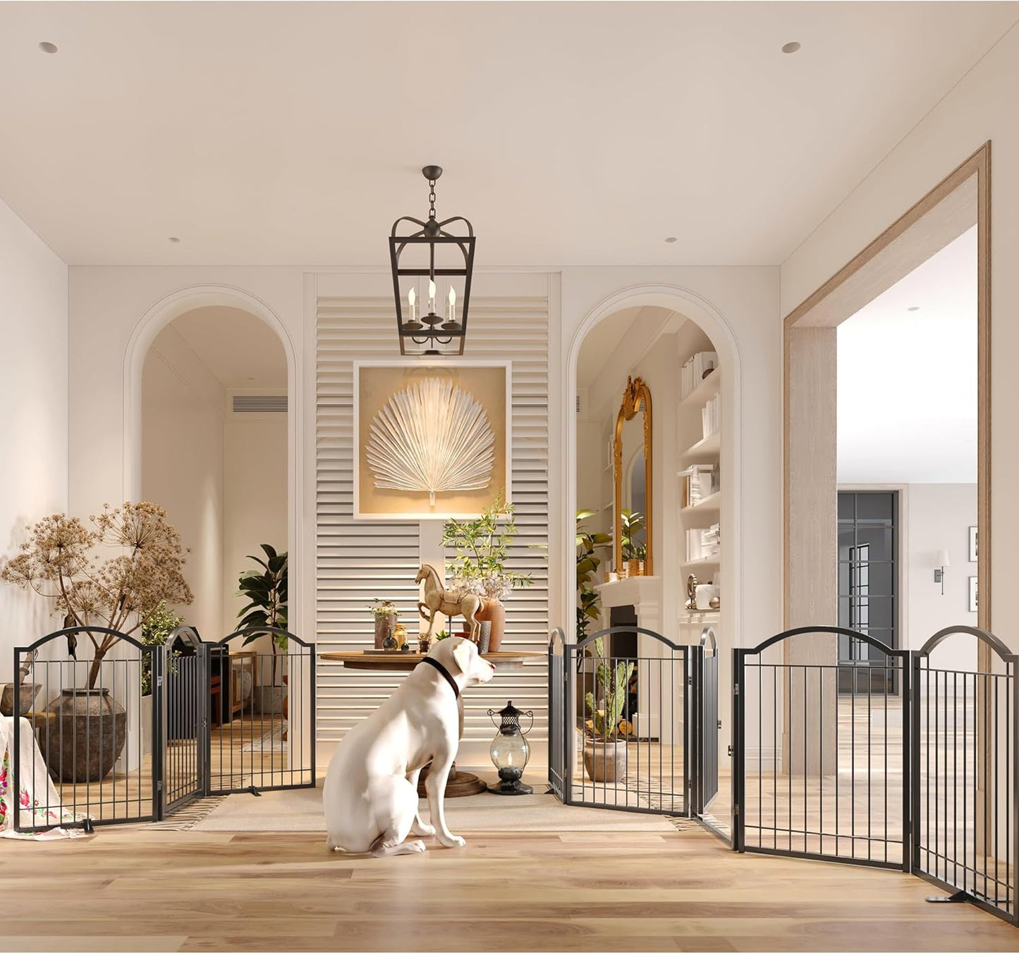 BHG Metal No-Assembly Freestanding Dog Gate with Door Walk Through, Extra Wide 120", Extra Tall 32" Pet Gate, Accordion Puppy Folding Playpen Dog Fence, with 2PCS Support (Black, 5 Panels)