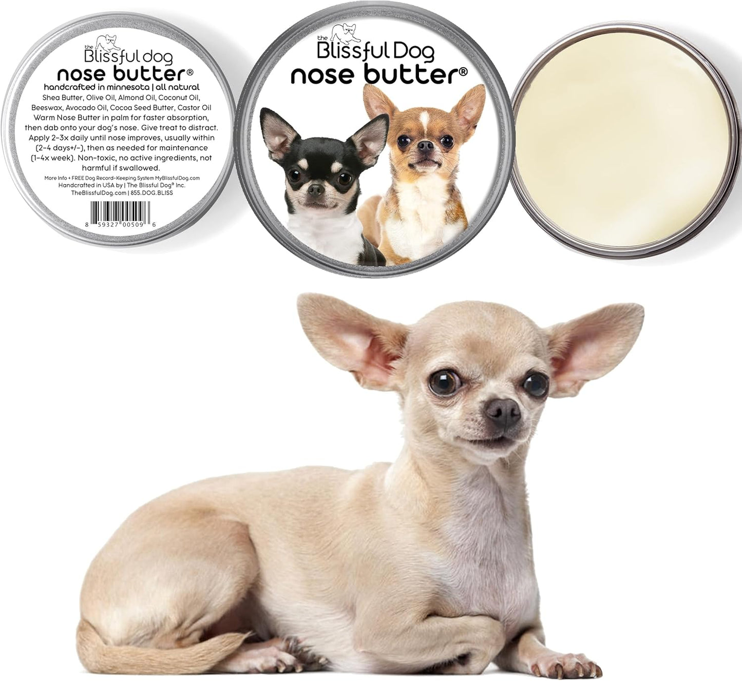 The Blissful Dog Smooth Coat Chihuahua Nose Butter for Dry, Cracked Skin, Lick-Safe Dog Nose Balm with Moisturizing Shea Butter, Almond, Olive, and Essential Oils, Pet Supplies, Uncented, 2 oz.