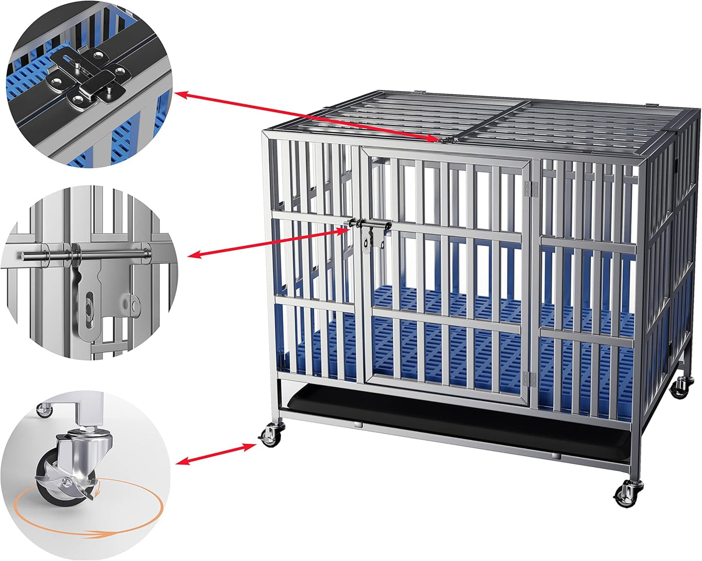Collapsible Stainless Steel Dog Crate, 30" 37" 42" 48" Sizes, Lockable Wheel, with Tray, Stackable, Heavy Duty, Divider, Indoor and Outdoor (37in)