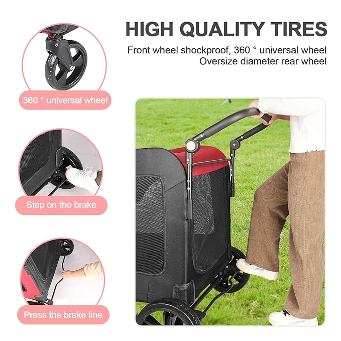 Large Dog Travel Stroller with 4 Heavy Duty Wheels Pet Stroller with Adjustable Handle - Double Doggie Capacity Jogger Wagon with Back Front Door for Small Medium Large Dogs (Red-Black)