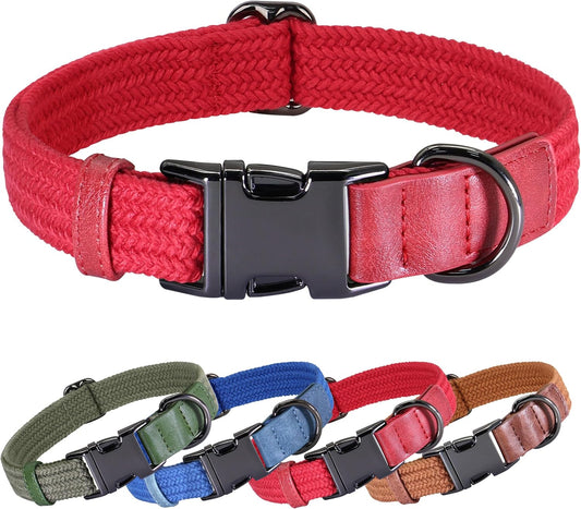 PET ARTIST Soft Cotton Dog Collar for Medium Dogs in Glamorous Red, Simple Dog Collar with Quick Release Metal Buckle & D Ring, M Size (13-21")