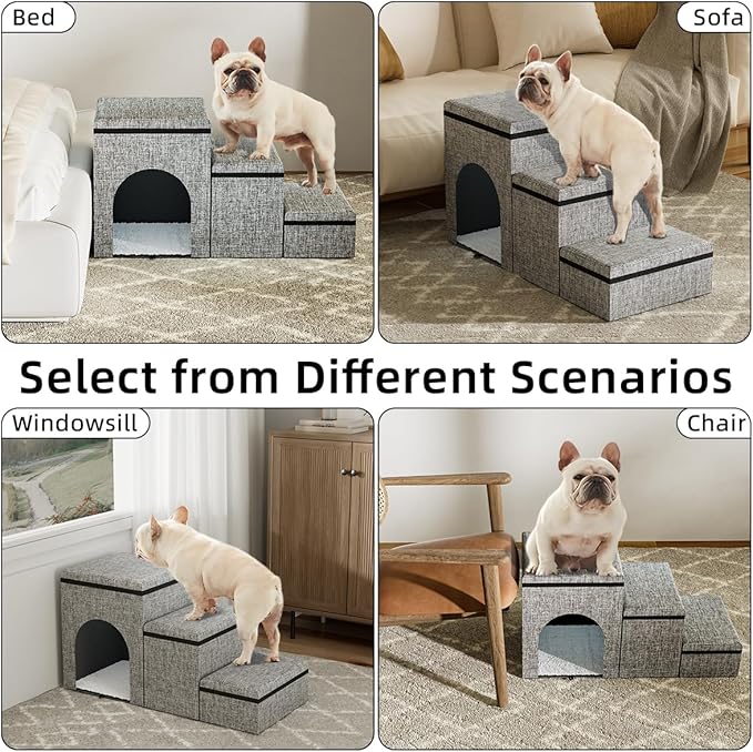 Dog Stairs with Storage, 3-Step Wider Dog Steps with Condo for Dogs and Cats, Pet Stairs for High Bed Climbing, Grey
