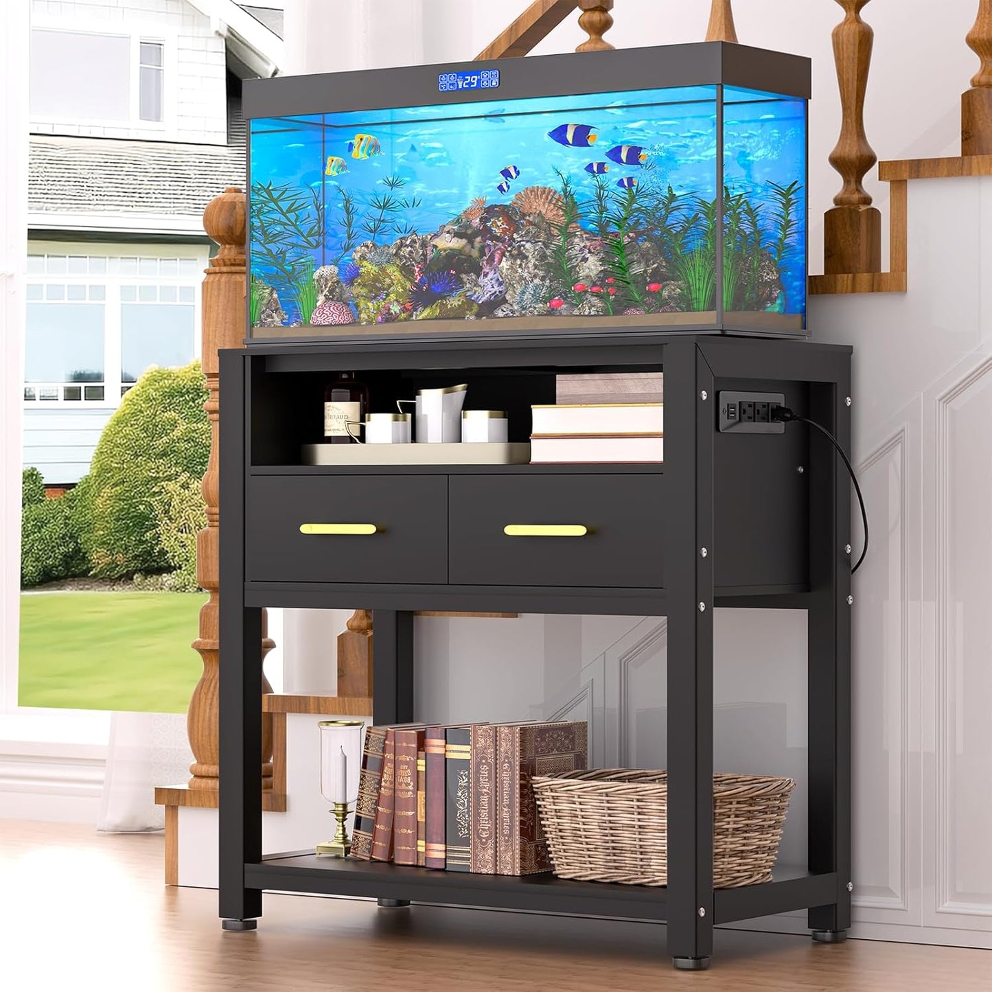 20-29 Gallon Aquarium Stand with Stable Metal Frame & Power Outlet, Heavy-Duty Fish Tank Stand with Waterproof Mat, 550LBS Capacity Storage Cabinet, Black