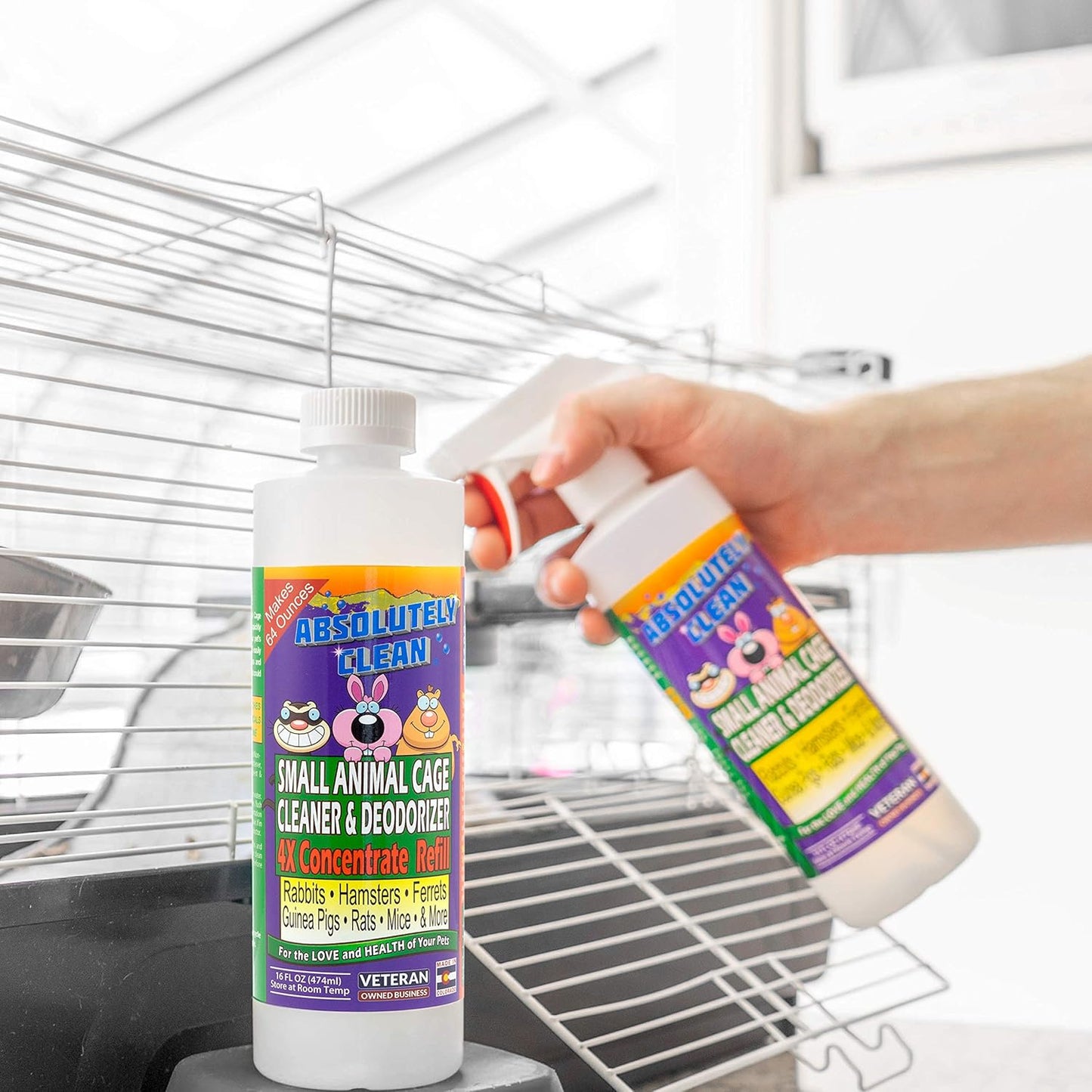Amazing Small Animal Cage Cleaner - Just Spray/Wipe - Easily Removes Messes & Odors - Hamsters, Mice, Rats, Guinea Pigs, Ferrets - USA Made (16 oz Concentrate)