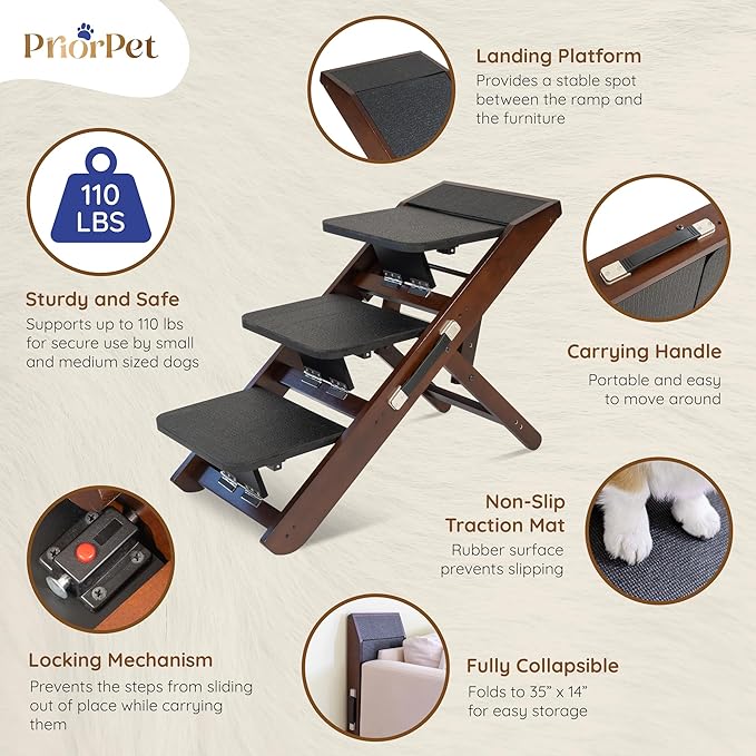 Dog Steps for Bed & Couch 2-in-1 Dog Stairs/Ramp - Height Adjustable Dog Ramp for Couch 7” - 20” - Pet Stairs, Dog Stairs for Small Dogs - Easy to Move Pet Steps with Landing Platform, Walnut