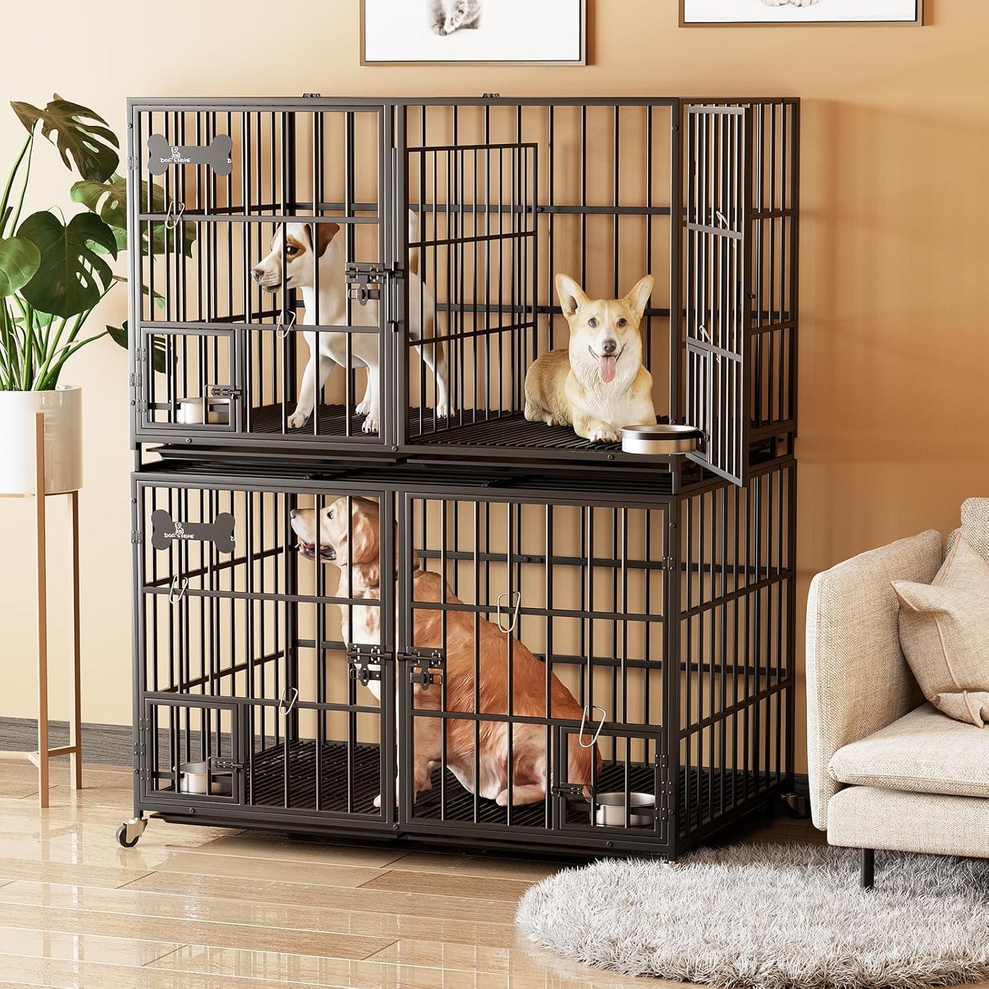 aboxoo 48 inch Stackable Heavy Duty Metal Dog Crate for 4 Dogs/Large Dog,All Metal Open Top Access,Escape Proof Cage,Dog Kennel Indoor with Wheels,Floor Grid, Tray, Divider and Feeding Bowl