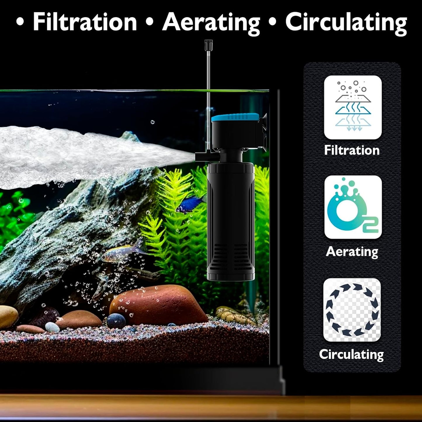 AquaMiracle Submersible Aquarium Filter 3-Stage in-Tank Filter with Dual Water Outlet & Aeration, Water Flow Adjustable 300GPH Internal Fish Tank Filter for 60-150 Gallon Aquariums