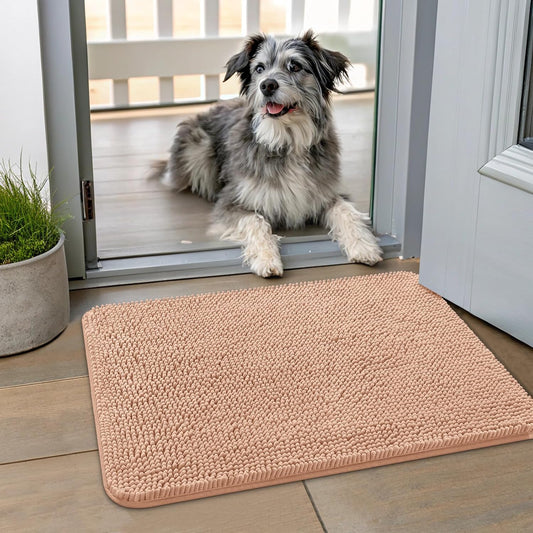 Smiry Dog Door Mat for Muddy Paws 24x16, Absorbs Moisture and Dirt Doormat, Non-Slip Washable Quick Dry Chenille Front Door Mat Indoor Entrance, Entryway Carpet for Inside Floor, Peach