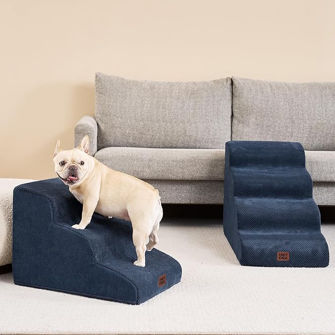 EHEYCIGA Curved Dog Stairs Ramp for Small Dogs 15.7" H, 3-Step Dog Steps for Couch Sofa and Chair, Pet Stairs for Cats, Non-Slip Balanced Pet Steps Indoor, Navy