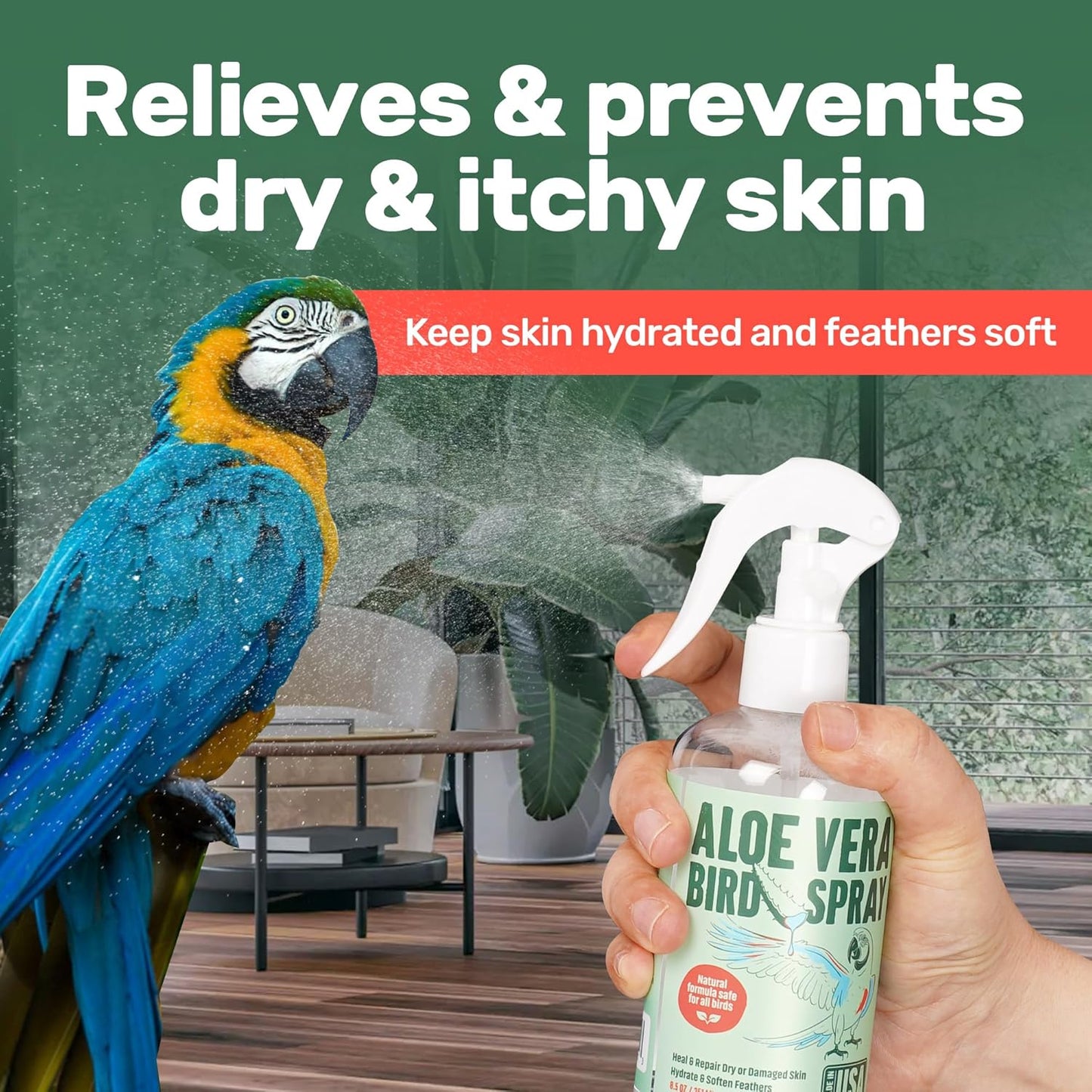 Aloe Vera Bird Spray - 8.5oz/251mL - [Made in USA] - Non-Toxic Bird Bath Relieves Dry/Itchy Skin & Softens Feathers - Safe & Effective for All Birds - Promote Healthy Plumage - Odor-Free