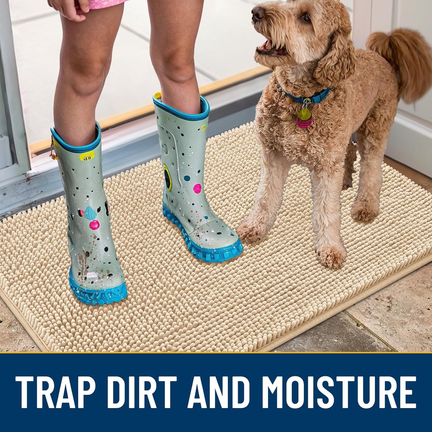 Smiry Dog Door Mat for Muddy Paws 47x17, Absorbs Moisture and Dirt Doormat, Non-Slip Washable Quick Dry Chenille Front Door Mat Indoor Entrance, Entryway Carpet for Inside Floor, Beige