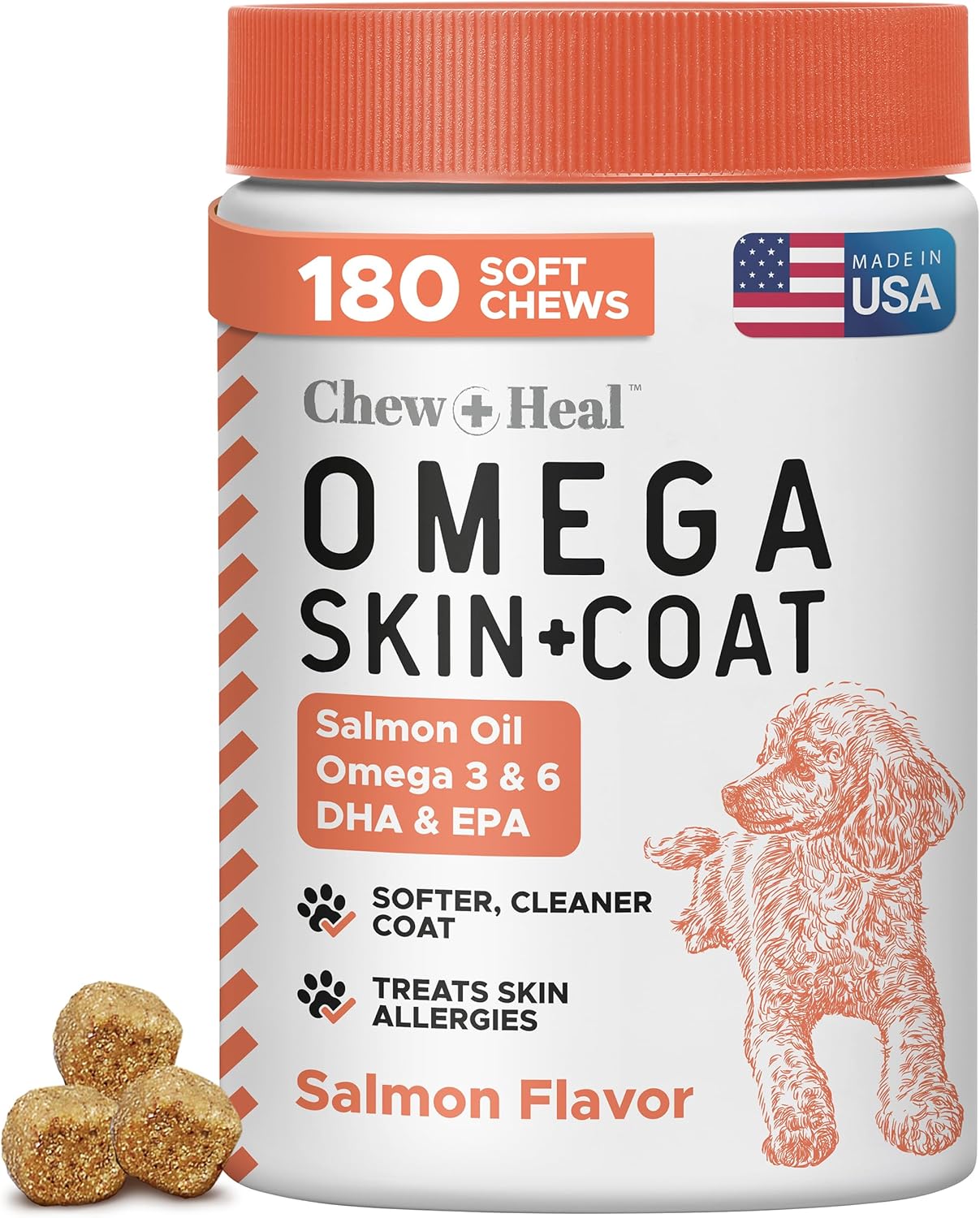 Salmon Oil for Dogs - Soft Chew Omega Treats for Skin and Coat - Fish Oil Blend of Essential Fatty Acids, Omega 3 and 6, Vitamins, Antioxidants and Minerals - Made in USA (180 Chews, Salmon)