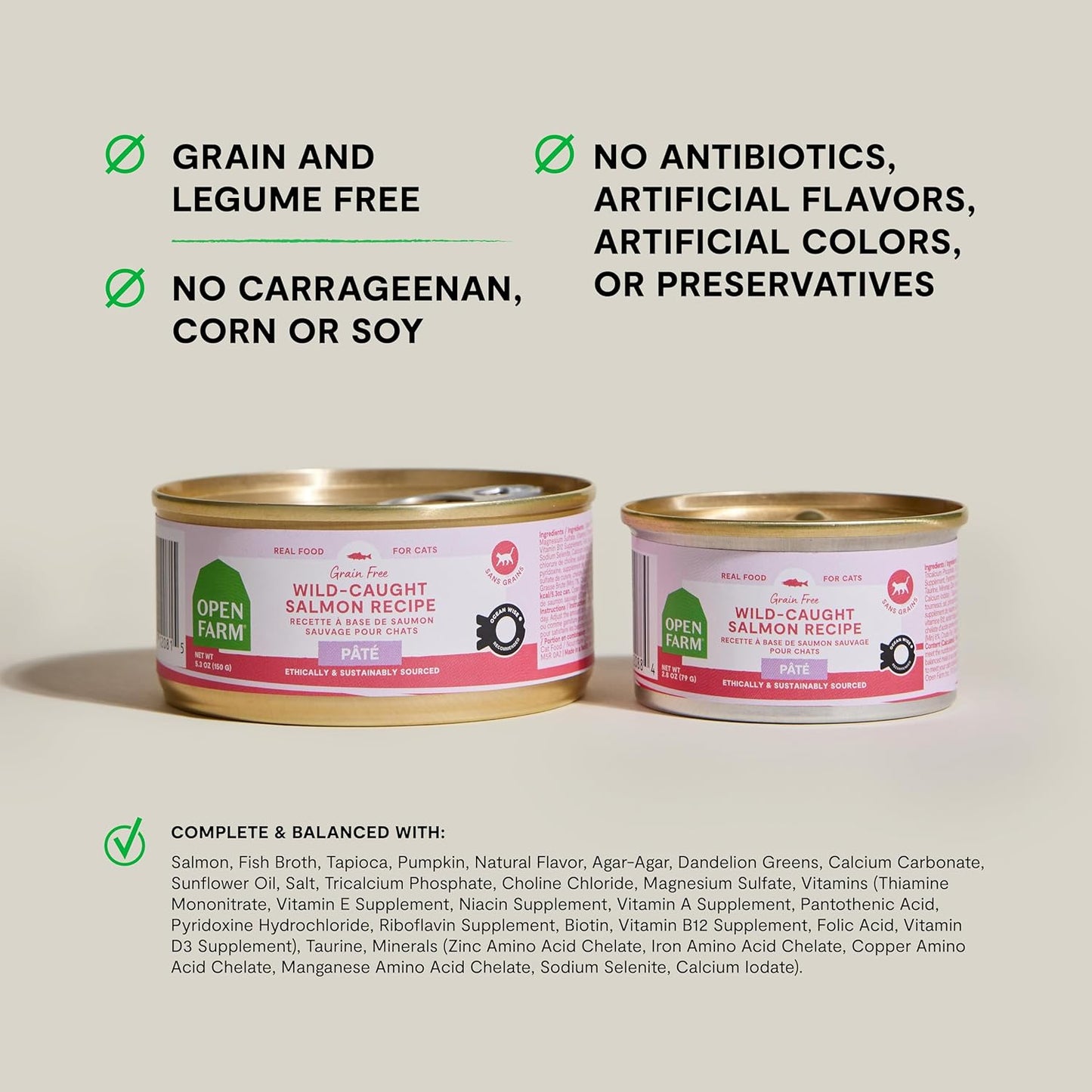 Open Farm Canned Cat Food, Paté for Complete & Balanced Nutrition, Grain-Free and Legume-Free Wet Cat Food, Salmon Recipe, 2.8oz Cans (Case of 18)