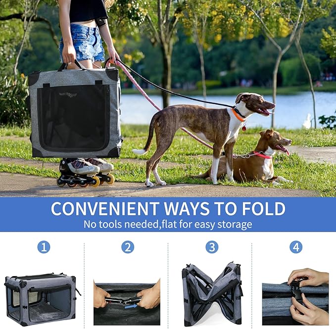 NEZUC Soft Collapsible Dog Crate - 36 Inch Portable Soft Sided Travel Dog Crates for Large Dogs, 4-Door Foldable Dog Carrier, Pet Kennel Indoor & Outdoor (Gray, 36.0" L x 22.0" W x 22.0" H)