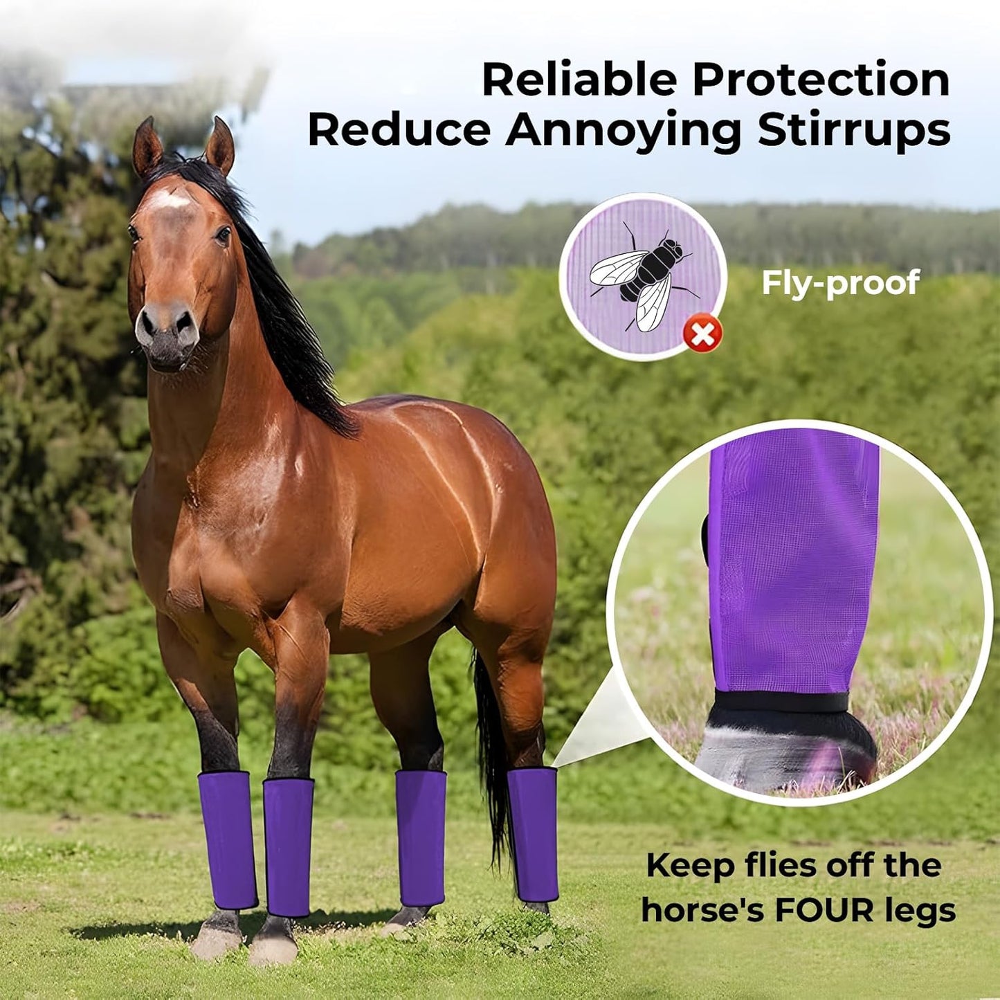 Mesh Horse Fly Boots Set of 4，Adjustable and Universal Loose Fitting & Non-Slip Horse Fly Leggings for Horses,Reduce Stressful Stomping (Purple)