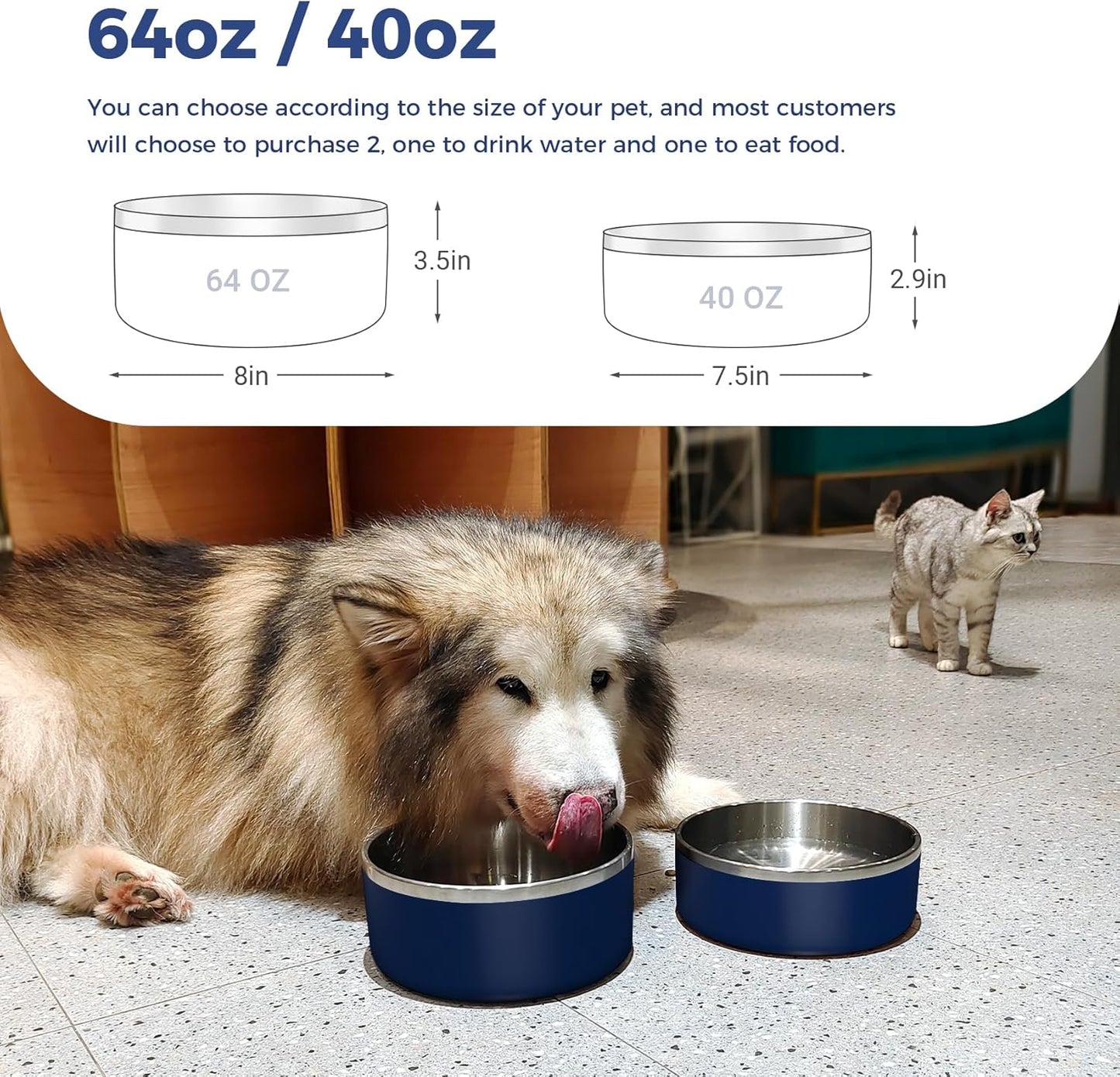 Dog Bowl, Stainless Steel Dog Food and Water Bowl with Non Slip Quiet Bottom, Easy to Clean, Dishwasher Safe, 64oz, Blue