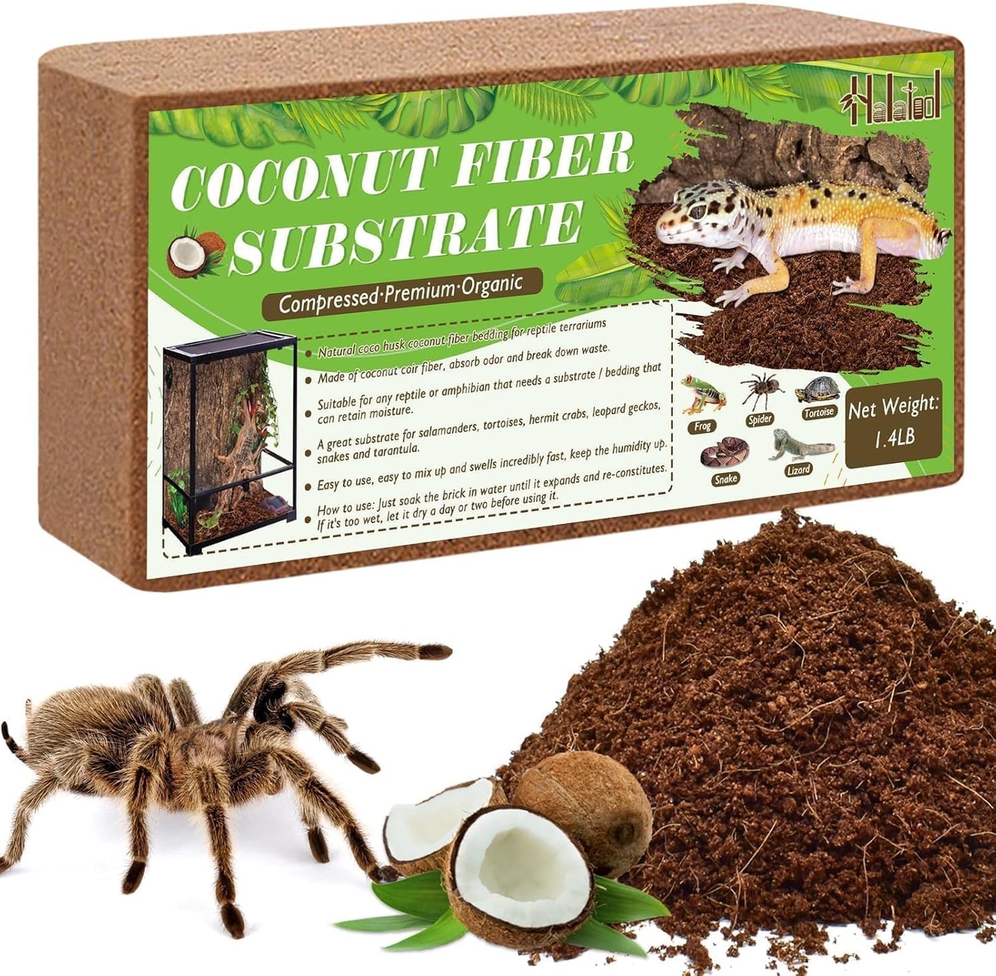 Halatool 1.4LB Coconut Fiber Substrate for Reptile Bedding Natural Coconut Husk Substrate for Snake Tarantula Enclosure Tortoises Habitat Spider Leopard Gecko Tank, Fill 2.1 Gallon Terrarium