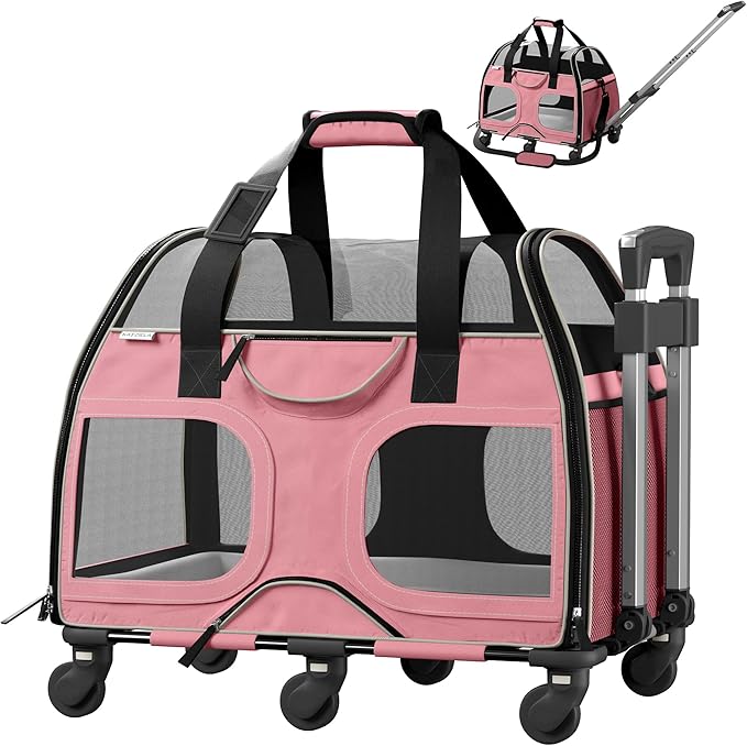 Katziela Pet Carrier - Airline Compliant Dog Carrier - TSA Approved Pet Carrier for Small Dogs and Cats - Soft FAA Travel Airplane Dog Carrier Luggage (Pink/White-6 Wheels)