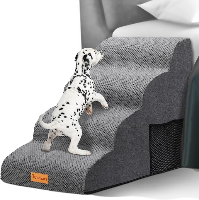 Topmart High Density Foam Dog Steps 4 Tiers,Extra Wide Deep Pet Steps,Non-Slip Dog Stairs Ramp for Bed,Soft Foam Cat Ladder,Best for Older Injured,Older Pets,Cats with Joint Pain
