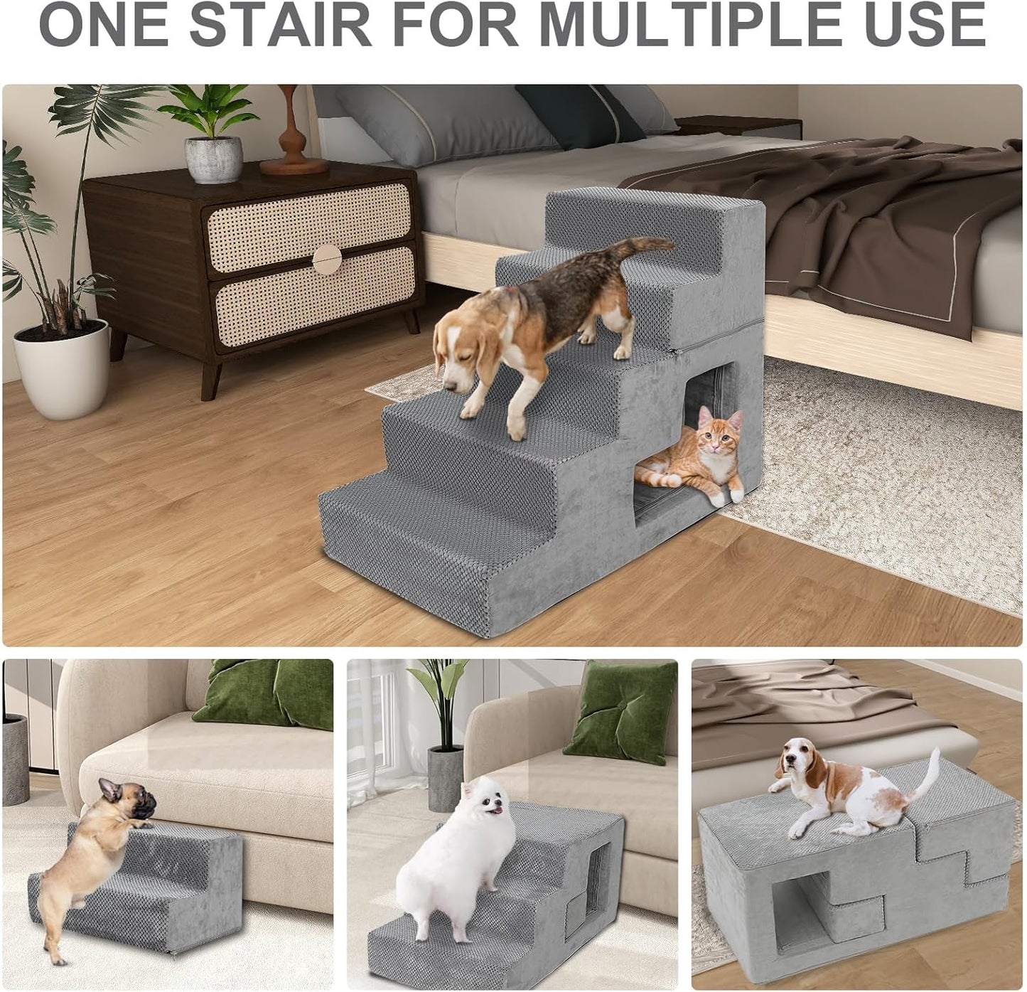 Dog Stairs for Small Dogs 23” H, 5-Step Dog Steps for High Bed, High-Density Foam Pet Stairs with Non-Slip Removable Washable Cover to Get on Bed