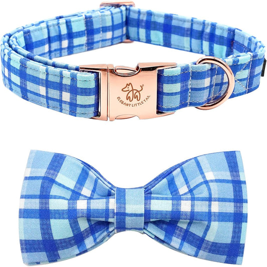 Elegant little tail Dog Collar with Bow - Blue Plaid Boy Dog Collar Cute Bowtie Pet Collar Adjustable Dog Collar for X-Large Dog