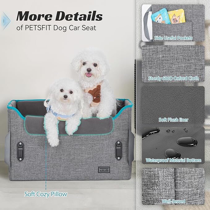 PETSFIT Dog Booster Car Seat for Small/Medium Dogs, Dog Car Seat for Medium Sized Dog with 2 Clip-On Safety Leashes and Patented Buckles, Pet Car Seat with Storage Pockets for Pets Under 45Lbs (Grey)