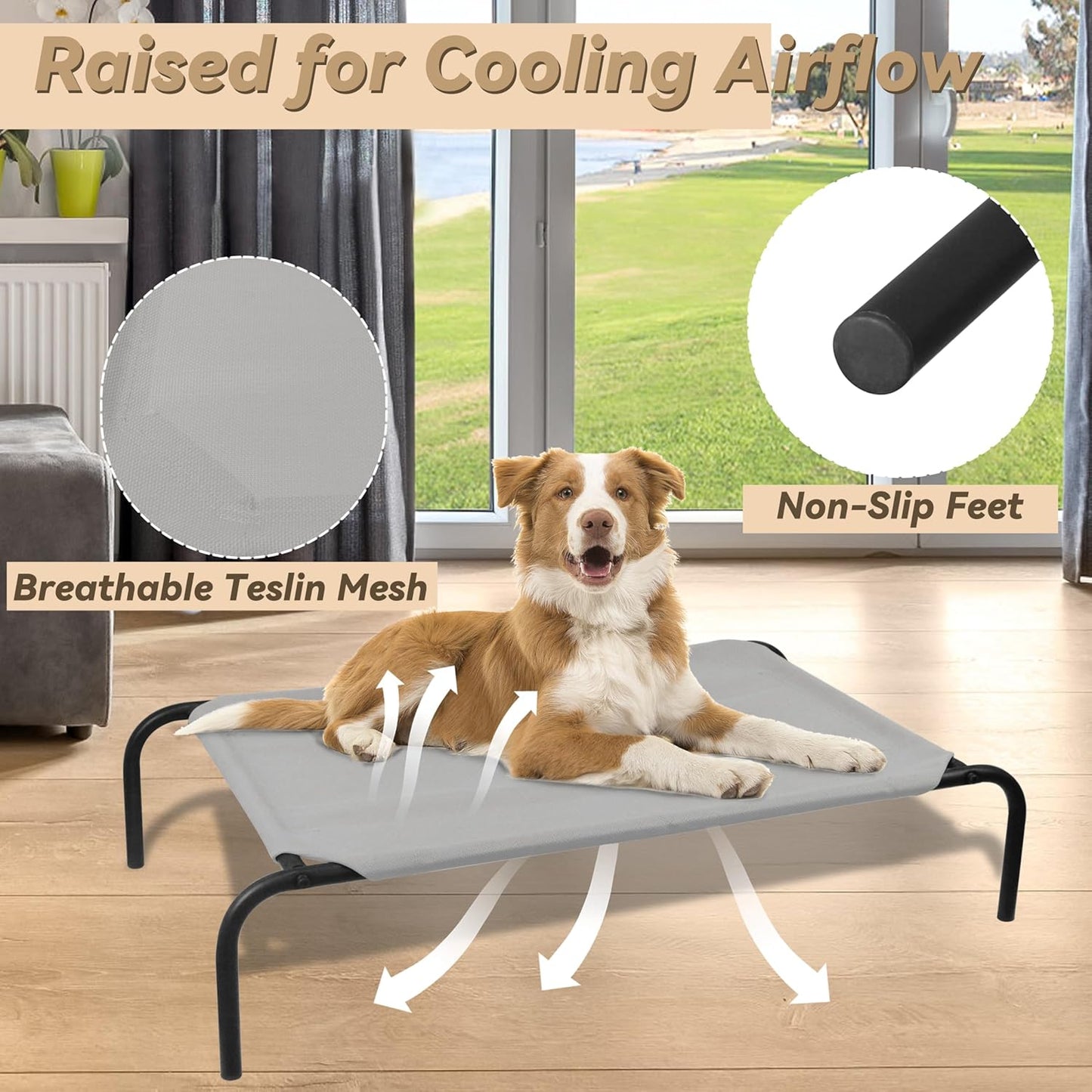 PHYEX Heavy Duty Steel-Framed Portable Elevated Pet Bed, Elevated Cooling Pet Cot, 43.5" L x 25.5" W x 7.8" H(M, Grey)