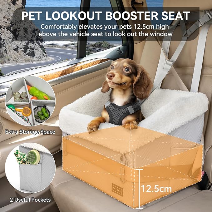 PETSFIT Small Dog Car Seat, Waterproof PU Leather Dog Booster Car Seat with Patented Safe Buckles, Pet Carseat for Medium or Small Sized Pets up to 30 lbs (Grey)