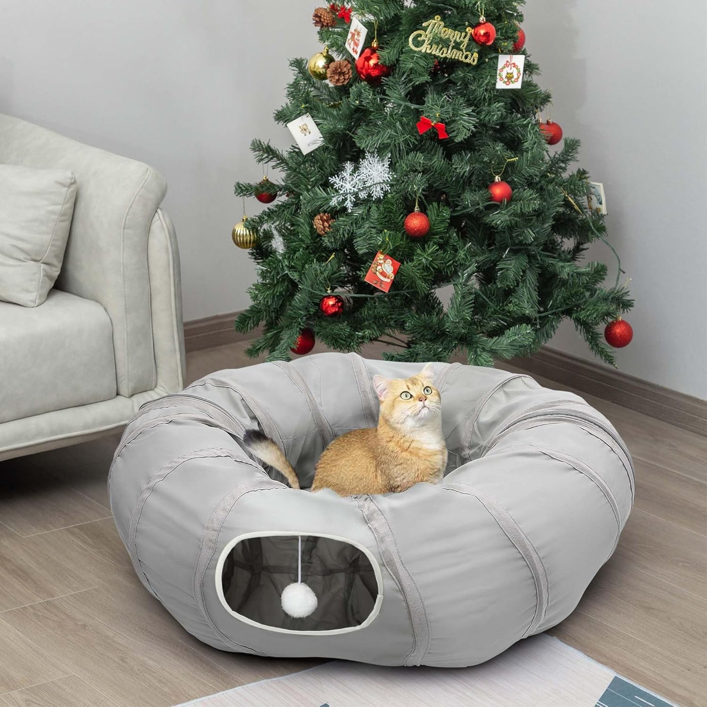 AUOON Cat Play Tunnel - Round Cat Tunnel with Bed | Interactive Cat Toys for Indoor Cats Kitten Kitty Puppy Rabbit Ferret (Light Grey)