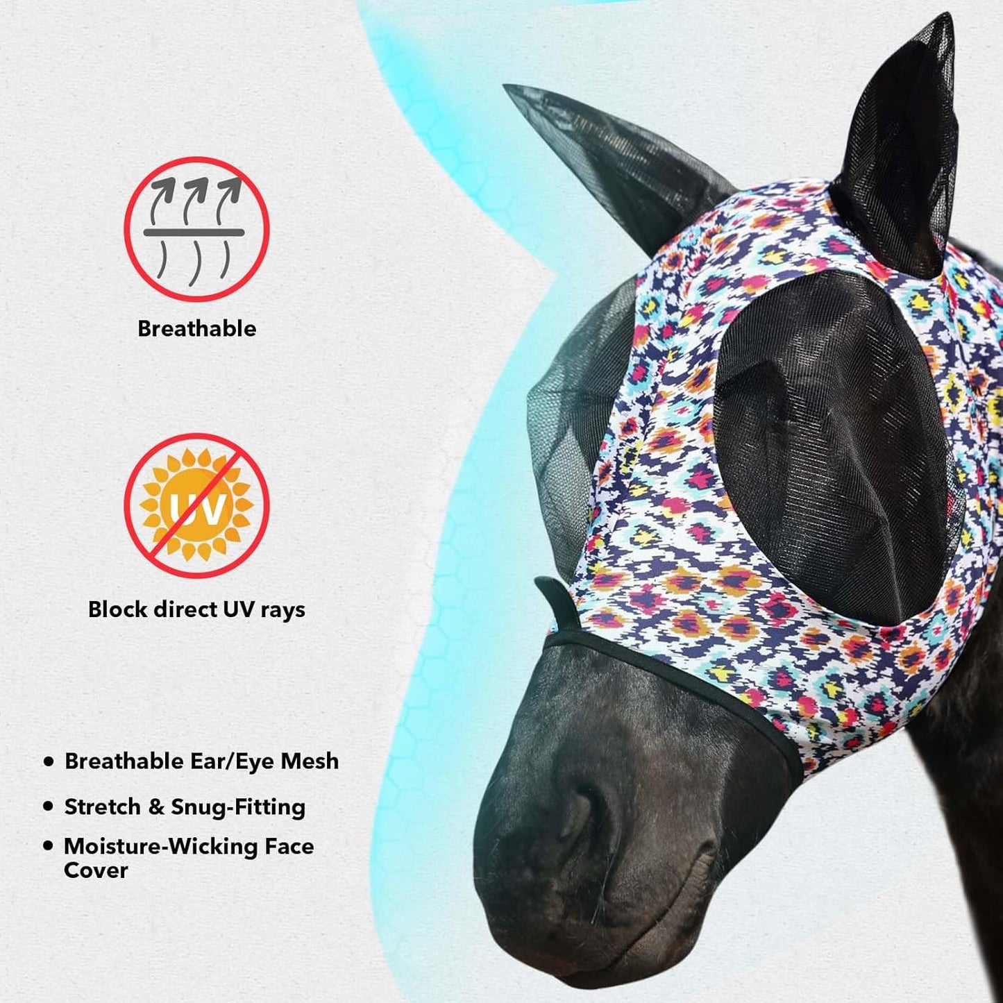 Harrison Howard Super Comfort Stretchy Fly Mask Large Eye Space with UV Protection Soft on Skin with Breathability Geo Feather S