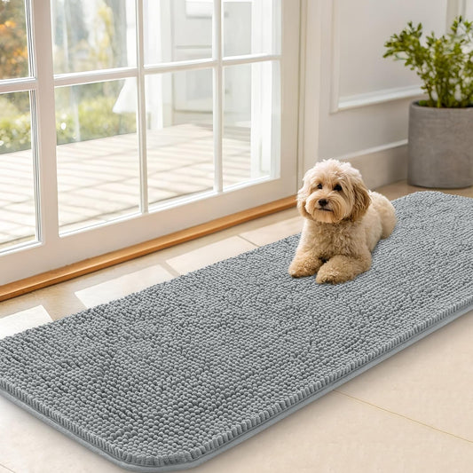 OLANLY Dog Door Mat for Muddy Paws 59x20, Absorbs Moisture and Dirt, Absorbent Non-Slip Washable Doormat, Quick Dry Chenille Mud Mat for Dogs, Entry Indoor Entryway Carpet for Inside Floor, Grey