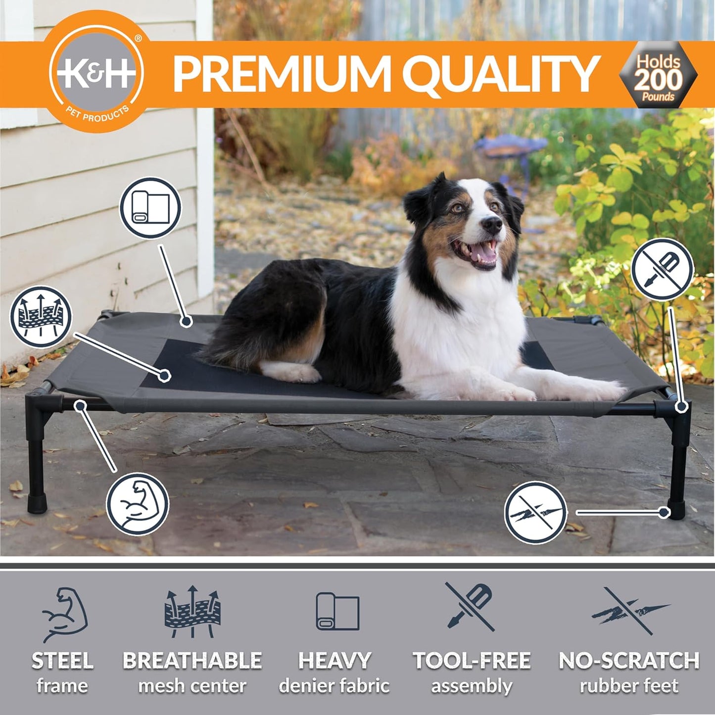 K&H Pet Products Outdoor Elevated Dog Cot, Breathable Cooling Elevated Cot Hammock Pet Bed for Large Dogs, Washable Mesh Cover, Raised Metal Frame, Collapsible, Portable - Large 42 X 30in Charcoal