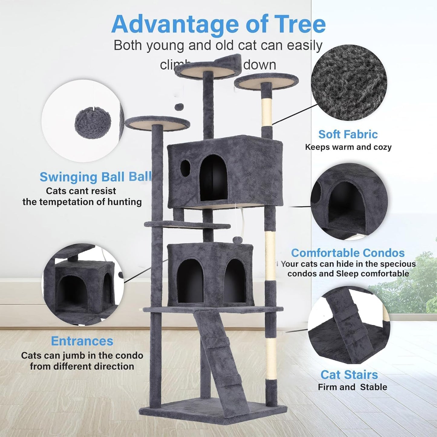 FDW Cat Tree Tower 81in Multi-Level Durable Cat Scratching Post & Cozy Fun Jumping Platform Space Saving Condo Pet Play House for Indoor Cats,Dark Gray