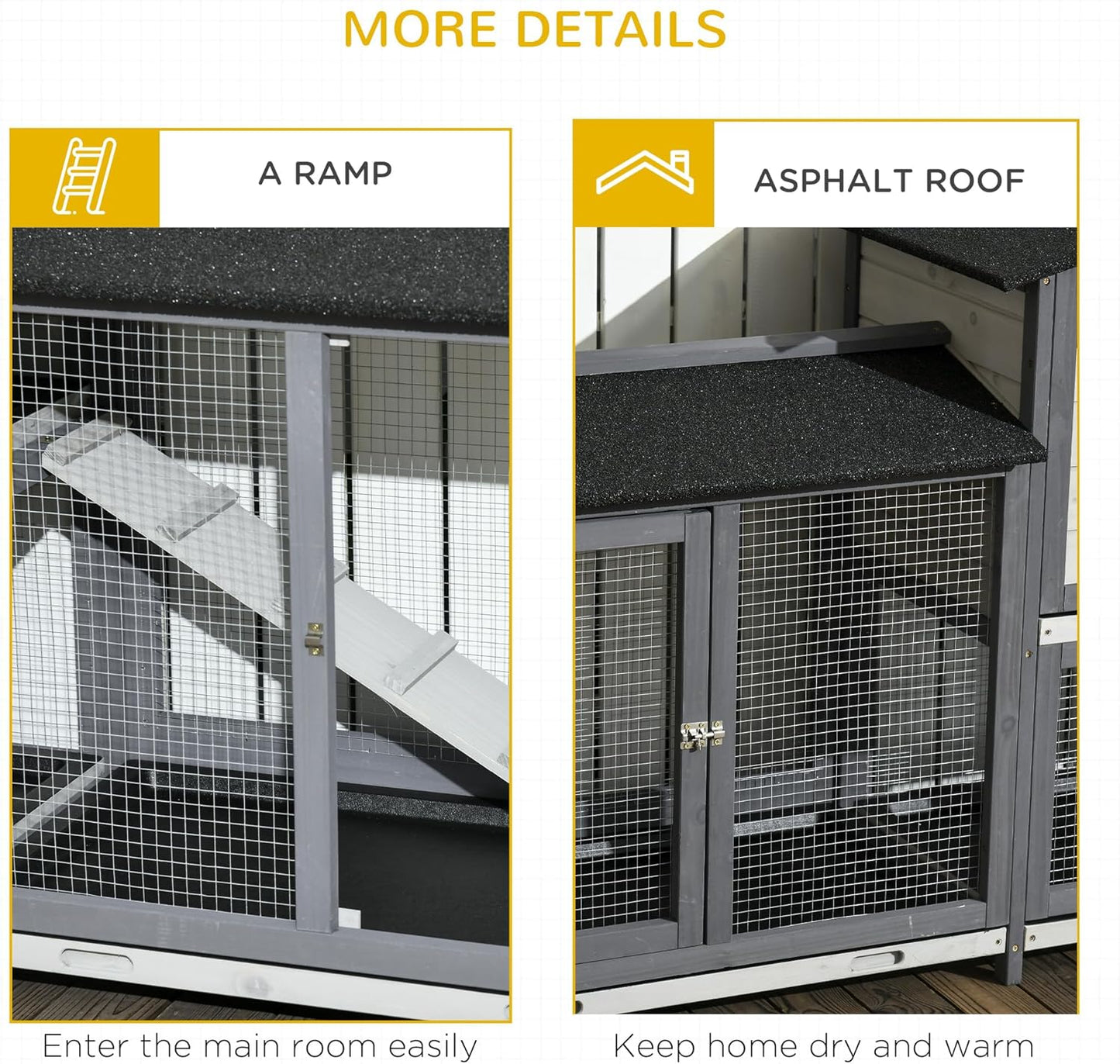 PawHut 90.5" Wooden Rabbit Hutch Bunny Cage Pet Playpen House Enclosure with Double Side Run Boxes, No Leak Tray, Ramp, for Guinea Pig and Small Animals, Light Gray